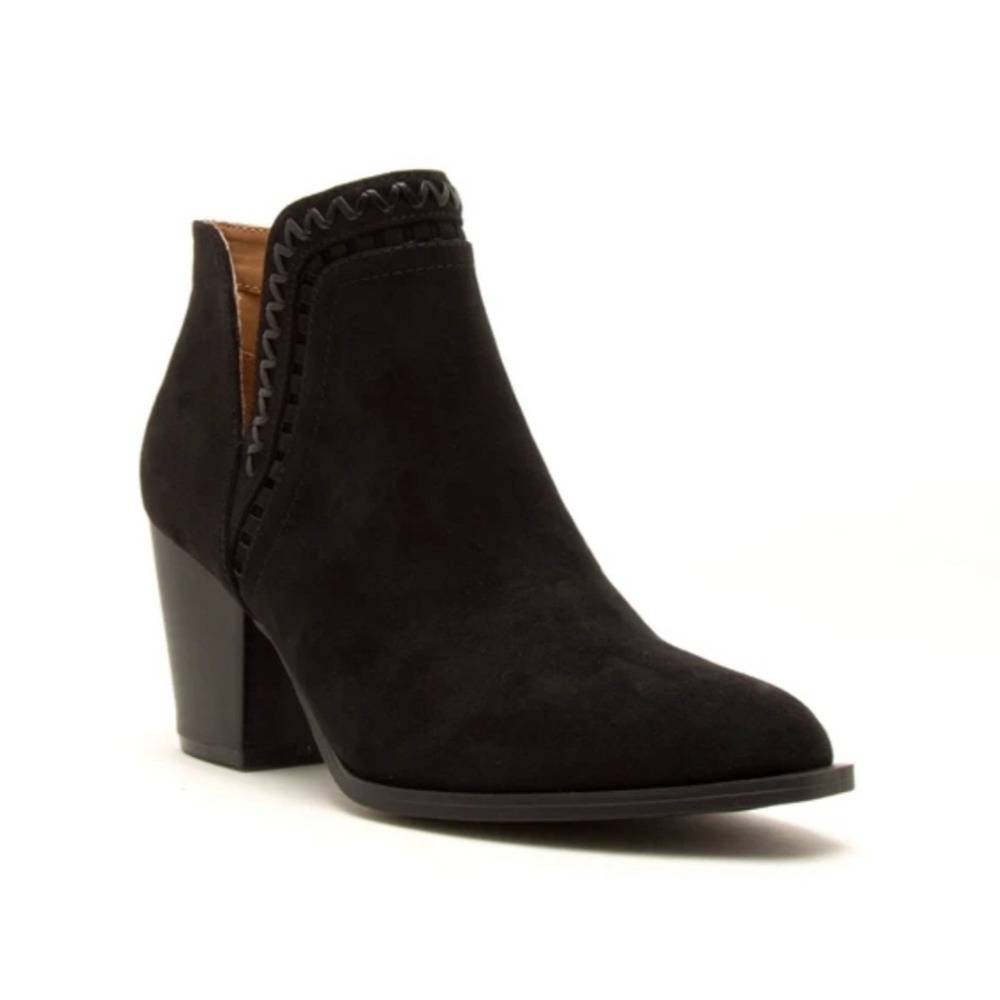 Ankle Heel Black Suede Booties with Braided stitch Size 7